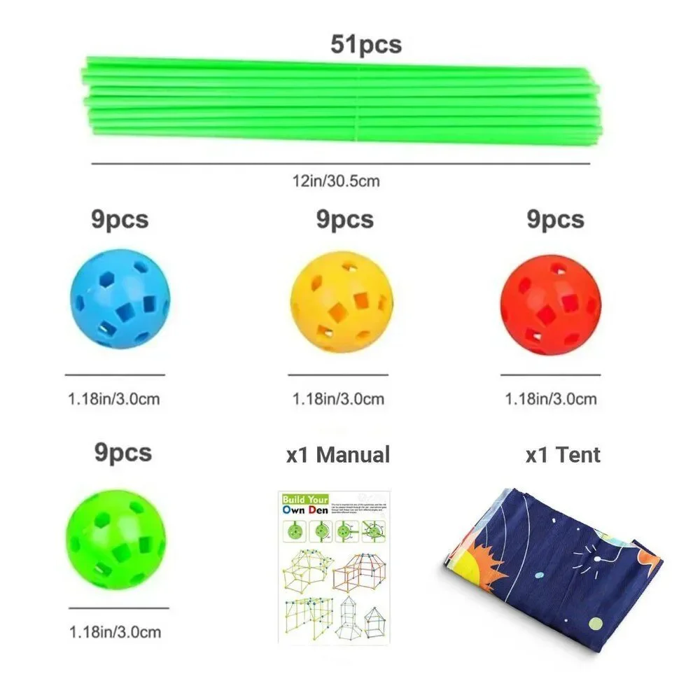 Space Themed Fort Building Kit 28 Balls 52 Rods Space Sheet Kids Ages 3+ New